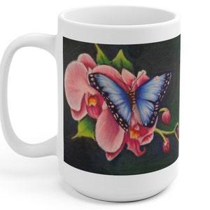 Orchid and Blue Morpho Butterfly Mug-White Ceramic/ Butterfly lover gifts/Gardener gifts/ Art by K'shia/ Nature lover gifts/ Blue morpho art