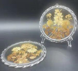 VINTAGE PRESSED DRIED FLOWERS Art Glass Suncatchers Pewter Set of 2 EUC