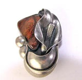 Vintage Sterling Silver Brooch / Pendant Calla Lily Flower Polished Fire Agate
