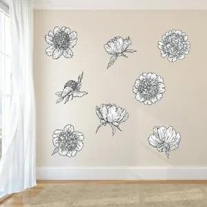 Black and White Peonies Printed Wall Decals - Flowers and Trees Wall Art
