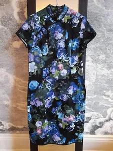 Cheongsam Dress Black Floral Pink Blue Rose Peony Flowers