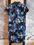Cheongsam Dress Black Floral Pink Blue Rose Peony Flowers