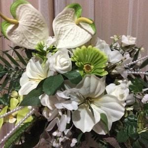 White & Greenery bouquet, Wedding bouquet, bridal bridesmaid, green orchid, white Roses, palm leaf, tropical, classic, wedding flowers