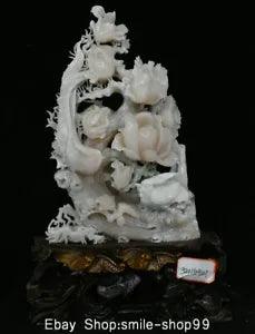 21" Exquisite Natural Xiu Pink Jade Carved subshrubby peony flower Birds Statue