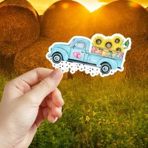 Beautiful Watercolor Truck with Sunflowers Sticker, Vinyl,  Water-Resistant, great for laptops, waterbottles, gift for sunflower lover