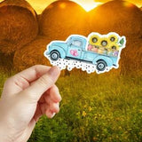 Beautiful Watercolor Truck with Sunflowers Sticker, Vinyl,  Water-Resistant, great for laptops, waterbottles, gift for sunflower lover