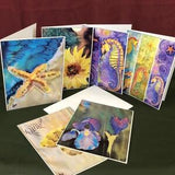 wish card, reproduction painting on silk, wave, ocean, hypocampe, starfish, flower, seashell