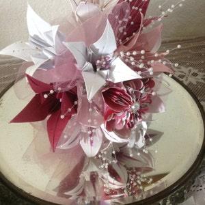 Scarlet, Pink and Ivory Lily Bouquet With 10 Handmade Origami Flowers