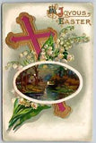 Postcard A Joyous Easter Pink Gold Cross Lily of the Valley Beaded Scene Inset