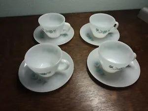 4 Vintage Fire King Oven Ware Bonnie Blue Carnation Flower Cups and Saucers