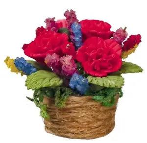 Dolls House Red Carnations House Plant in Rope Basket 1:12 Home Garden Accessory