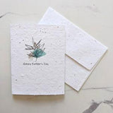 Father's day card, minimalistic leaf blue watercolor plant on plantable paper or watercolor white paper, worn out borders, happy fathers day