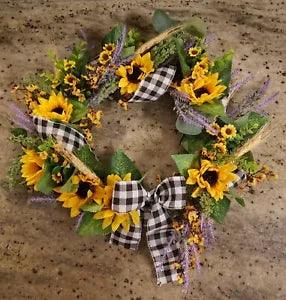 Sunflower and Wheat with Black and White Plaid Ribbon Wreath for Front Door?