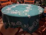 Linen Cross Stitch Tablecloth Floral Green Viridian Water Lilies Embroidered