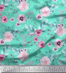 Soimoi Green Velvet Fabric Anemone & Ranunculus Floral Fabric Prints-N8I