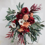 Cascade wedding bouquet burgundy red & peach, cascading bridal bouquet, peach wedding bouquet, artificial eucalyptus bouquet