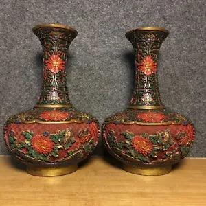 Collect Chinese Antique Lacquerware Peony Flower Painted Vases A Pair Home Decor