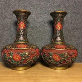 Collect Chinese Antique Lacquerware Peony Flower Painted Vases A Pair Home Decor