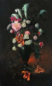 Dream-art oil painting calla peony rose flowers in vase sunset landscape canvas