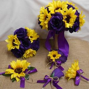 Rustic Wedding Silk Flower Bridal Bouquet Package Regency Purple Yellow Sunflower Country Bridesmaids Burlap Corsages New