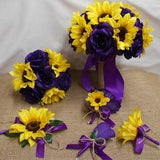 Rustic Wedding Silk Flower Bridal Bouquet Package Regency Purple Yellow Sunflower Country Bridesmaids Burlap Corsages New