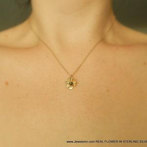 Black mini chamomile flower pendant.Sterling silver minimalist necklace ,14K Goldplated.