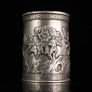 5'' China Tibetan silver Peony flower calligraphy tools Pen holder pencil pot