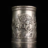 5'' China Tibetan silver Peony flower calligraphy tools Pen holder pencil pot