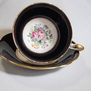 Black Floral Cup and Saucer by EB Foley - Black Teacup with Rose Bouquet-...