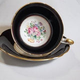 Black Floral Cup and Saucer by EB Foley - Black Teacup with Rose Bouquet-...