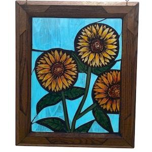 Sunflower Stained Glass Mosaic Hand Painted Panel for Window, Church Style Floral with Turquoise Background