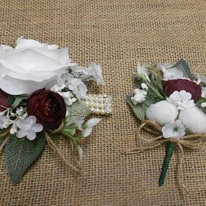 2 Piece Bridal/Wedding Set -Prom Wrist Corsage & Pin Boutonniere - White and Burgundy/Wine, Roses Mini Roses , Silk Flowers, New