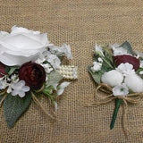 2 Piece Bridal/Wedding Set -Prom Wrist Corsage & Pin Boutonniere - White and Burgundy/Wine, Roses Mini Roses , Silk Flowers, New