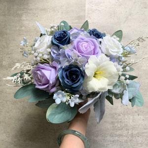 Lavender and Navy Bridal Bouquet 12"/ Dusty Purple Rose and Blue Wedding Bouquet/ Dark Blue and Lilac Rustic Boho Flower Bouquet