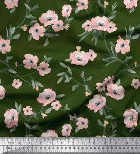Soimoi Green Velvet Fabric Leaves & Peony Floral Printed Fabric-eGT