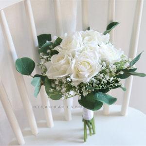 White Wedding Bouquet White and Green Bridesmaid Bouquet Bridal bouquet Artificial Rose Babysbreath Eucalyptus