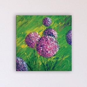 Acrylic painting of Alliums. Palette knife art on small canvas. Purple and pink floral art. Original green painting. Housewarming gift.