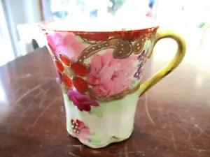 Stunning Demitasse hand painted pink carnation purple & red flowers tea cup 4J