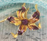 Golden Tiger Lily Flower Pin Brooch Golden Brown Goldtone Enamel Facet Ctr 2.5???
