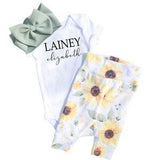 Newborn Girl Coming Home Set, Sunflower Baby Leggings Outfit, Personalized Baby Girl Leggings and Bow Outfit, Baby Girl Gift