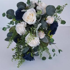Navy Blue and Ivory Rose Bridal Bouquet, Boho Greenery Bouquet, Eucalyptus, Spring Cascading Silk Floral Wedding Bouquet, Midnight, Marine