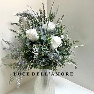 Extra large ivory, sage and silver bouquet.  With roses, eucalyptus, salvia, ferns, thistles, lavender and berries.