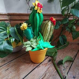 Fiery colours cacti garden! Felt, textiles cacti and succulents in a felt covered pot, with yellow felt flowers. Handmade felt cactus.
