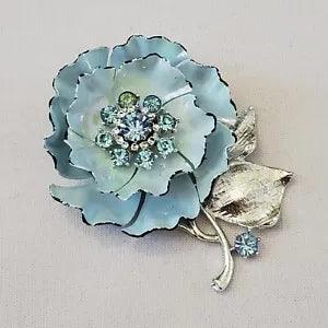 Vtg CORO Silver Enameled Blue Rhinestones Carnation Flower Brooch Pin