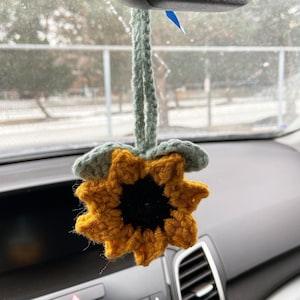 Crochet sunflower charm, Sunflower car accessory, Rearview mirror charm, Flower charm, Crochet car accessory