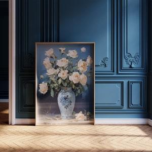 Roses Bouquet in Porcelain Blue Vase Printable Wall art, Home art prints, Timeless floral Instant art, Rustic Home decor, Flowers in a vase