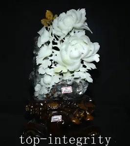 16.9'' Old Natural Xiu Jade Carve Peony Flower Bird Birds Peach Son Statue