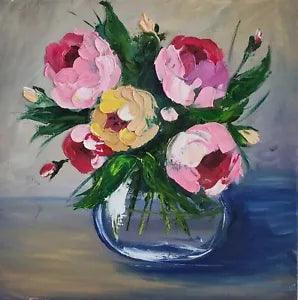 Oil painting Optimistic original art Peony Flower texture painting Handmade