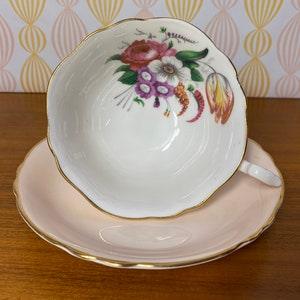Tea Cup and Saucer by Roslyn China, Light Peach Teacup and Saucer with Tulip and Flower Bouquet, Floral Bone China