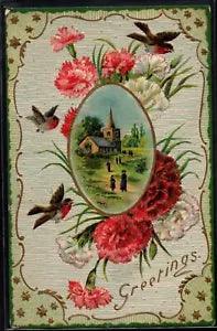 BV011 ART NOUVEAU GREETINGS CARNATIONS ROBINS LANDSCAPE in FRAME Embossed